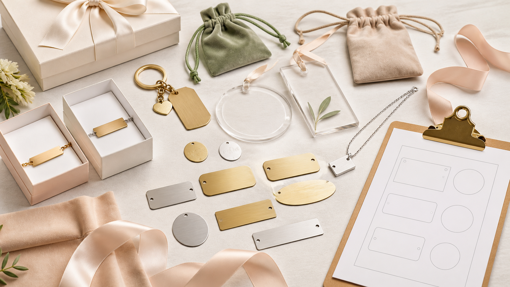 Engraved personalized wedding keepsakes arranged for quality review